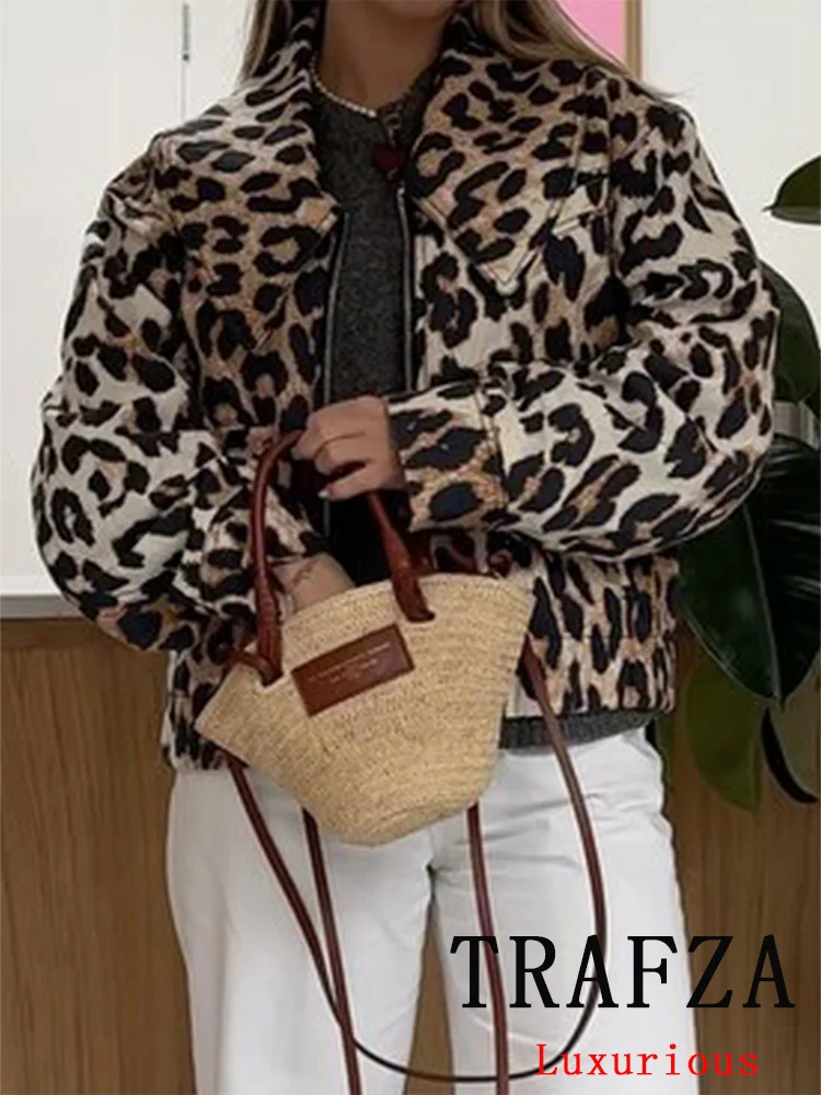 TRAFZA Vintage Casual Women Jackets Leopard Print Zippers Turn-down Collar Short Coats New Fashion 2024 Spring Holiday Jackets