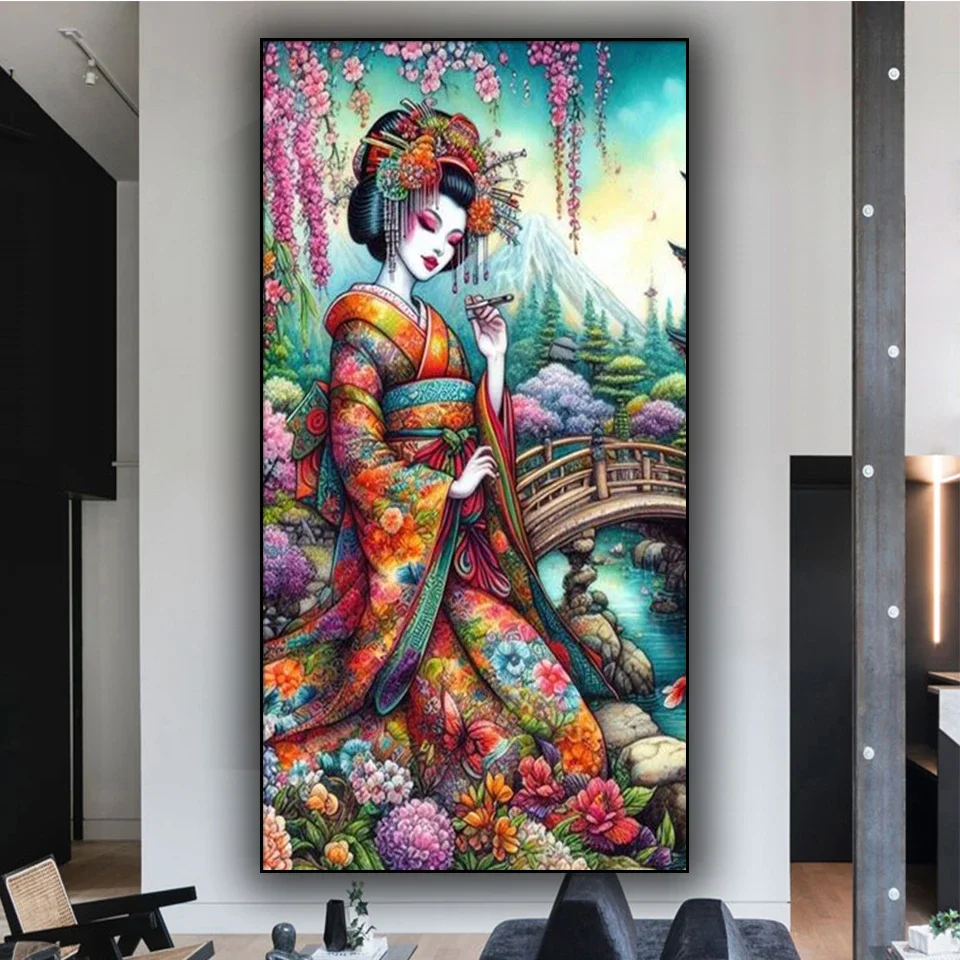 Grande Sakura Árvore Japonês Fujiyama Arte Mosaico Ponto Cruz, DIY Pintura Diamante, Quadrado Completo e Redondo Diamante, Mulher Antiga, Gueixa