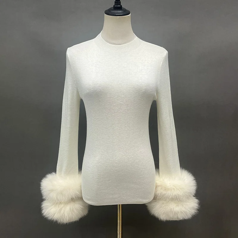 Lady Winter Sweater High Elastic With Fox Fur Cuff Women Clothing Detachable Cuff Pullover S5820