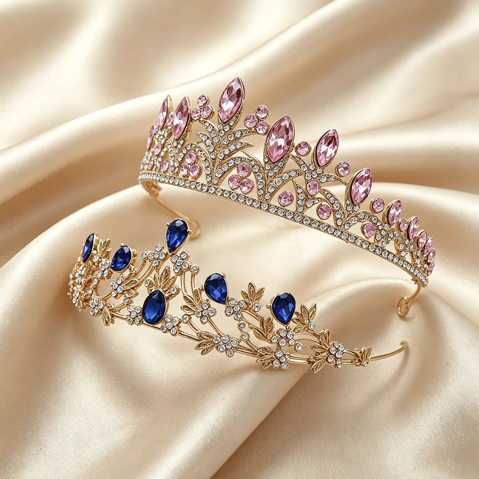 2 Pack Leaf Rhinestone Gold Plated Crown Set Bridal Tiara Hair Accessory Elegant Royal Headwear Wedding Pageant Birthday Party view 4