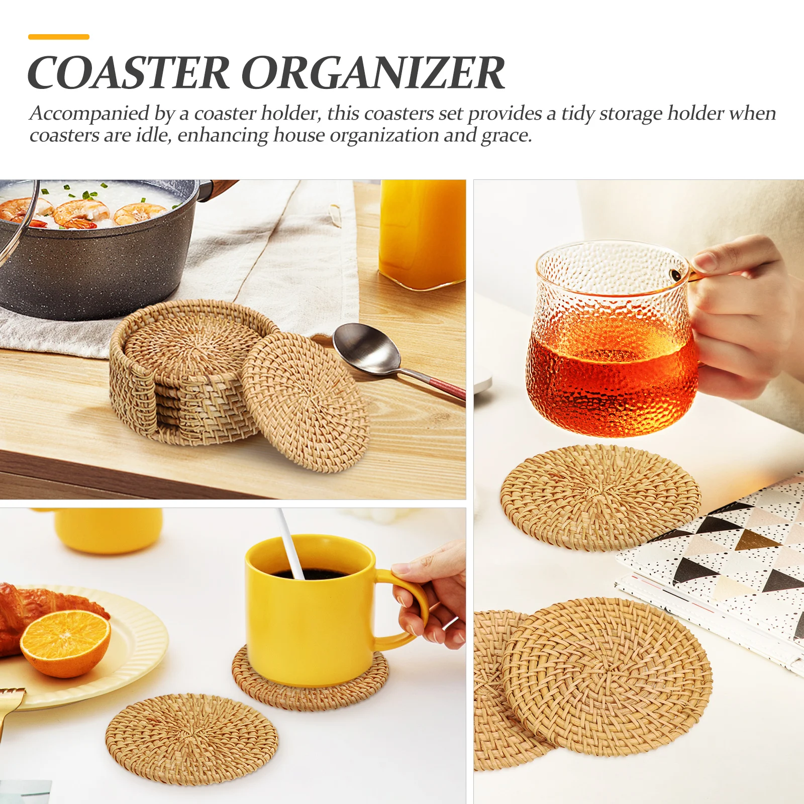 

1Set Rattan Coasters Set Round Woven Cup Mats for Drinks Table Protection Boho Decorative Holder Included Coffee Table Organizer