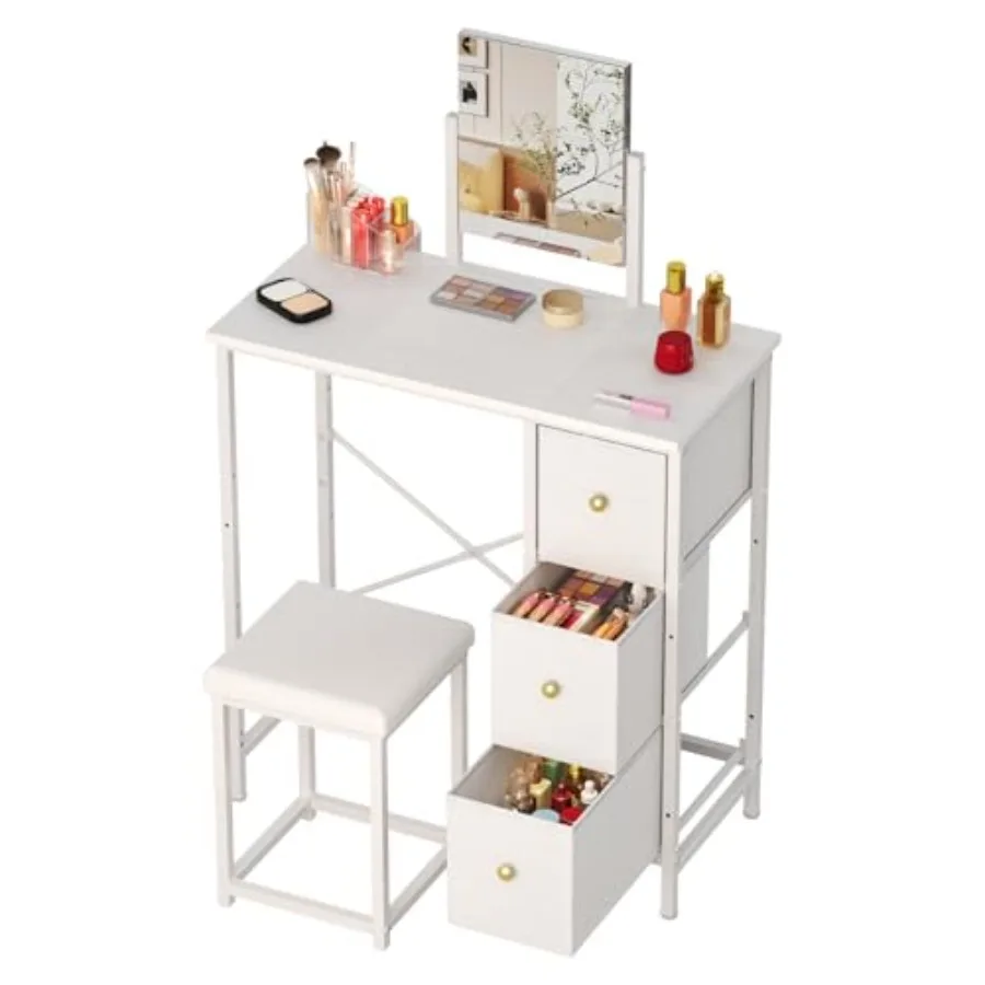 

27.5" Small Vanity Desk with Mirror and Chair Compact Makeup Vanity Set with Chair Small Dressing Table with 3 Fabric Drawers f