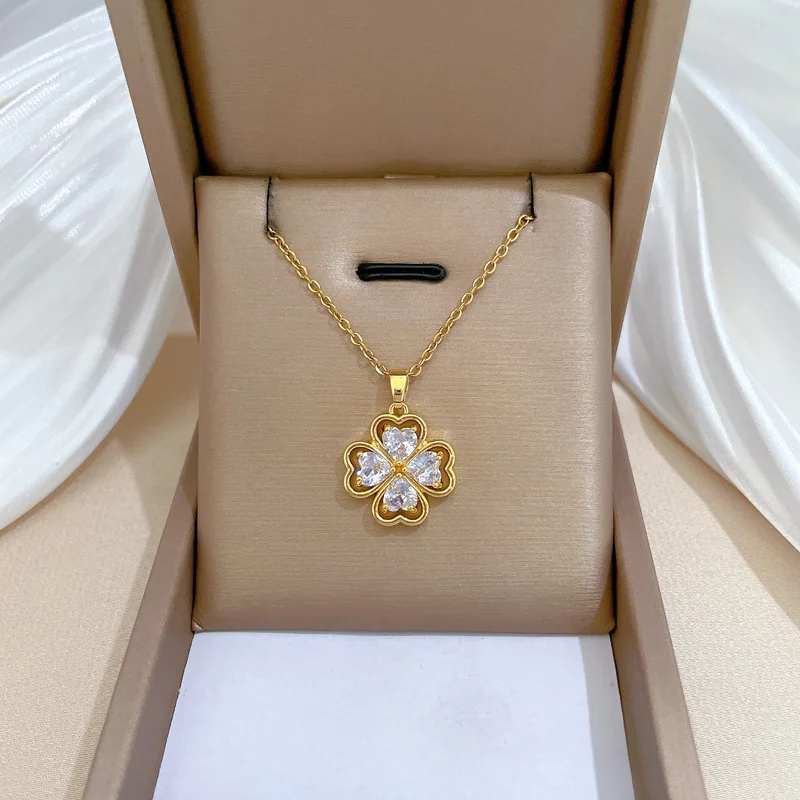 Exquisite Fashion Micropaved Pink Flower Necklace Classic Charm Clover Girls Stainless Steel Collarbone Chain Gift