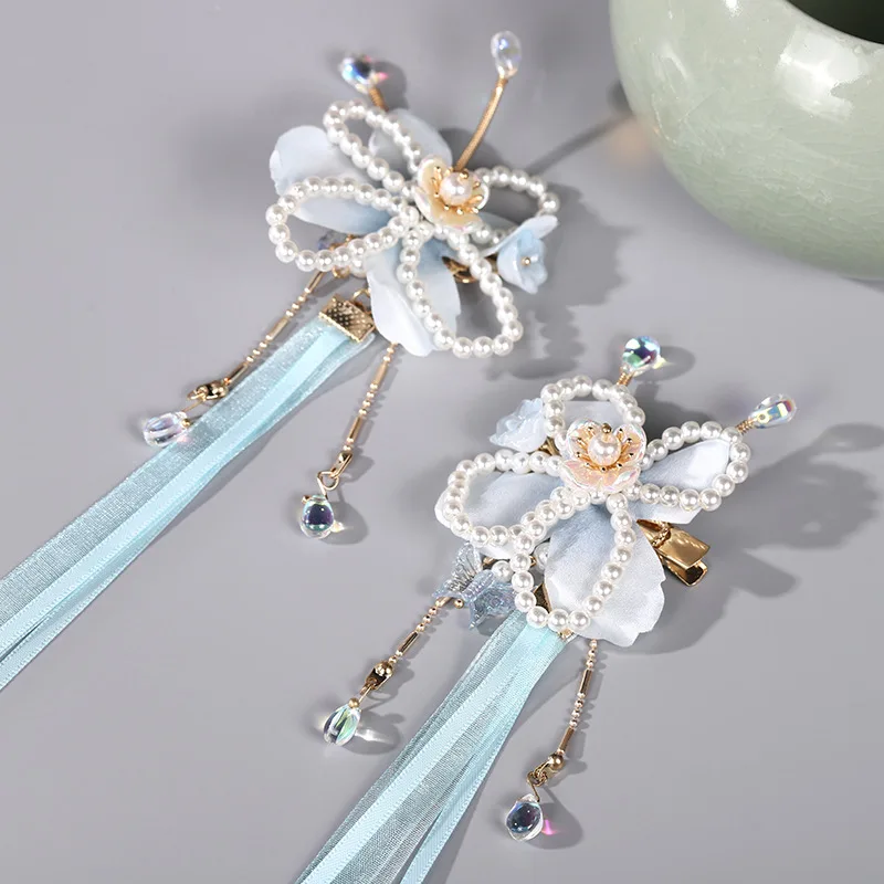 2023 New Antique Super Fairy Children's Pearl Butterfly Shape Blue Edge Clip Streamer Walking Ancient Hanfu Headdress