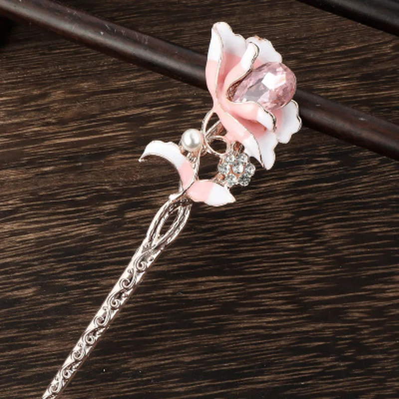 New Rhinestone Flower Hair Stick for Women Vintage Crystal Hair Pins Jewelry with Party Girls Fashion Pearl Flower Hairpins