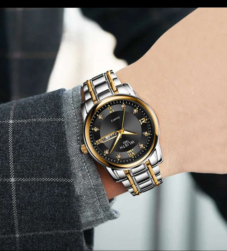 UTHAI メンズ腕時計ブランドビジネス高品質スチールバンド防水ダブルカレンダー高齢男性ファッションクォーツ時計腕時計