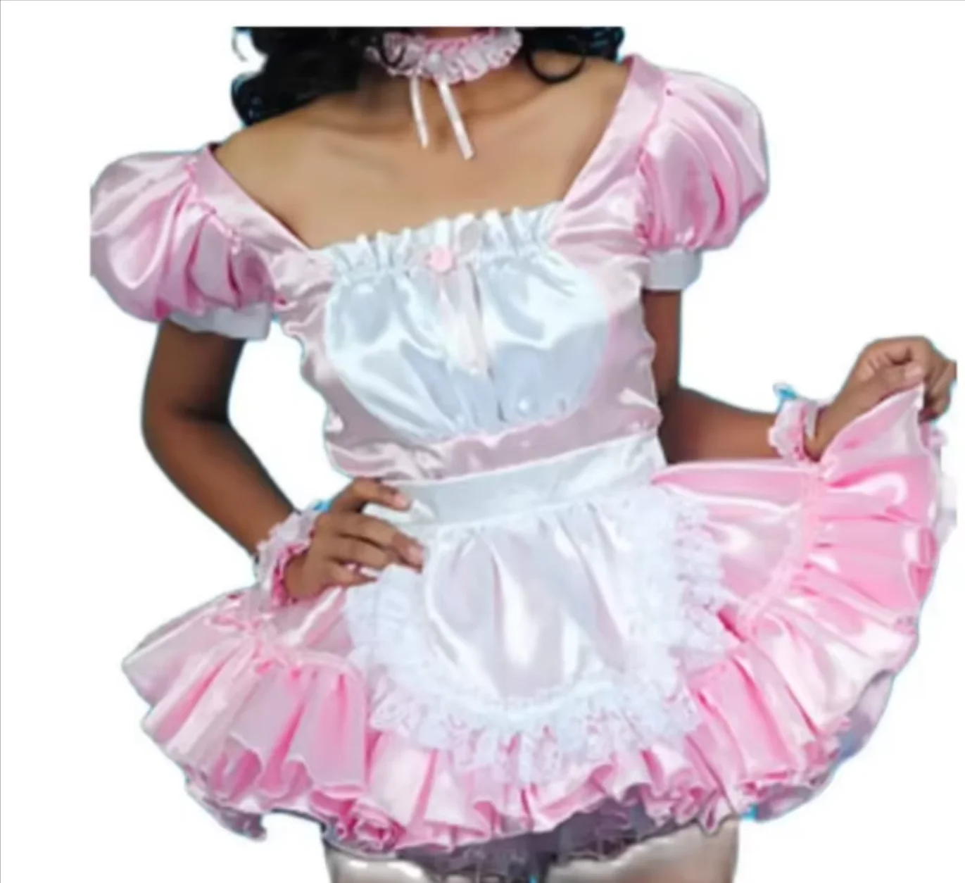 

French Hot Selling New Style Sexy Sissy Pink Square Neckline Back Strap Adjustable Waist Neck Ring Bracelet Set Dress