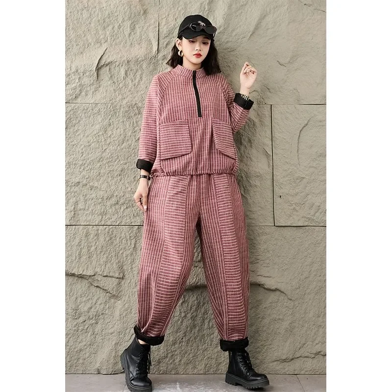 Women Striped Casual Two Piece Set Half Zip Top Harem Pants Loose Big Pockets Outfit Spring Autumn L 4XL