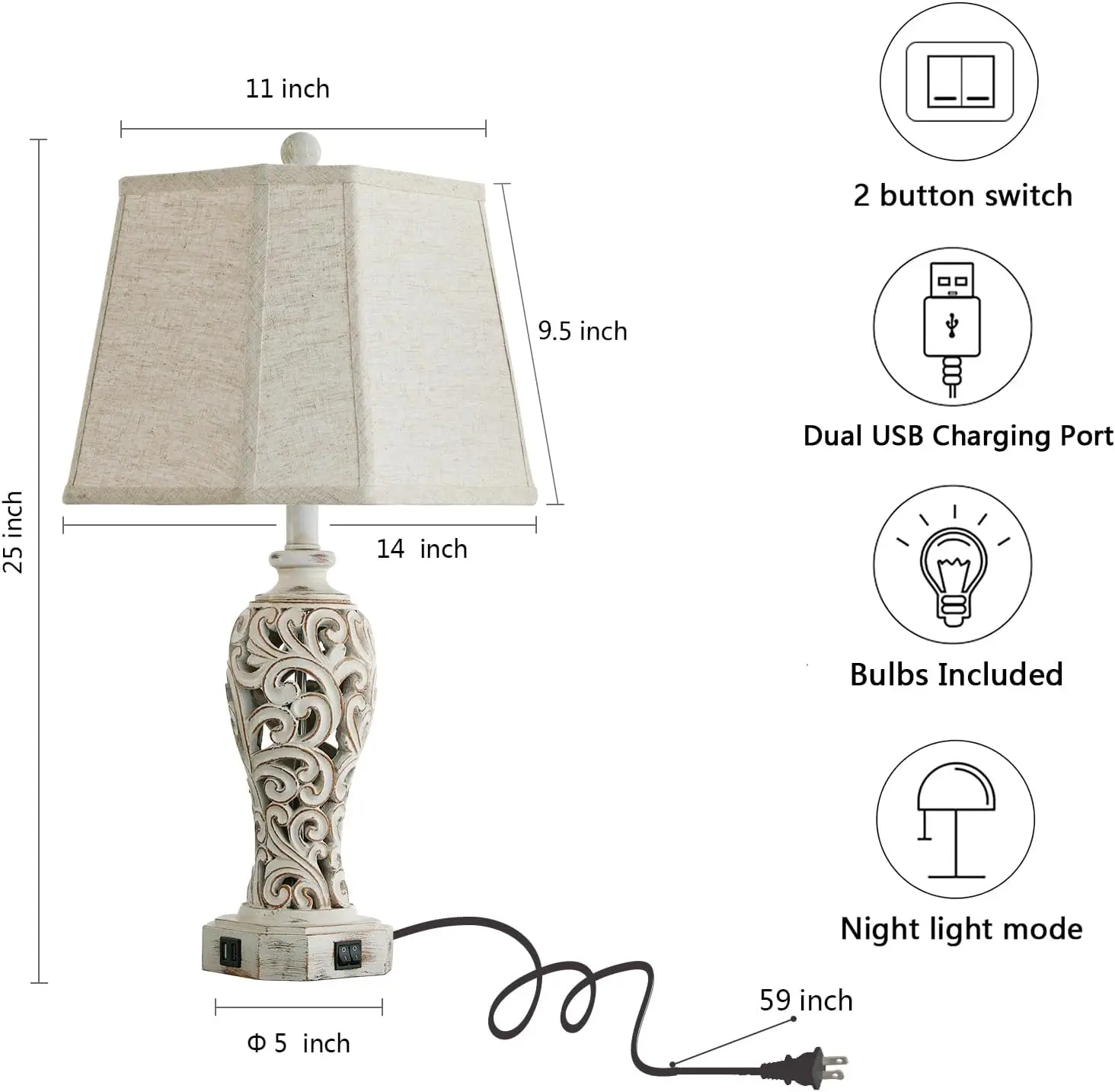 Rustic Table Lamps Set For Living Bedroom Farmhouse Vintage Nightstand Lamp With Usb Ports Hollow Out Resin Lamp Bulbs Included