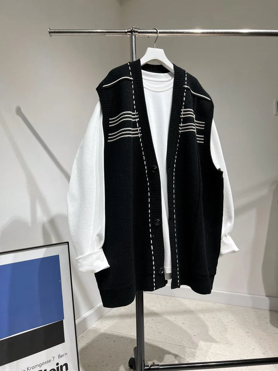 

plus Size Knitted Open Cardigan Vest Women's Loose Meat Concealing Spring Autumn Versatile Casual V-neck Button up Outerwear