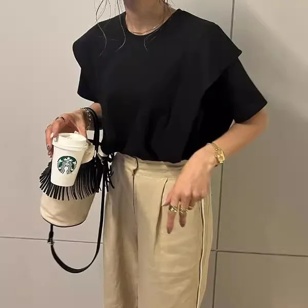 Japanse en Koreaanse damesmode zomer nieuwe losse veelzijdige casual effen kleur puur katoen gegolfde T-shirt top voor dames