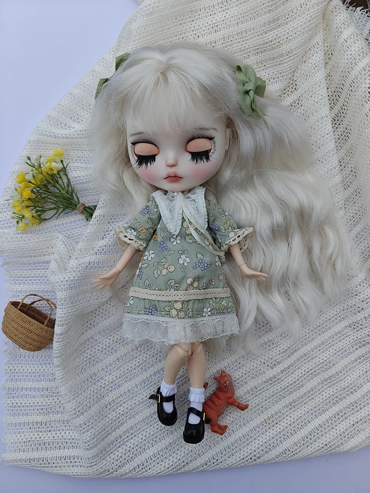 Outifts For ICY DBS classic style Blythe Doll Costume Cute Vintage green florals Dress Set OB24 OB22 Anime 4-Piece Set