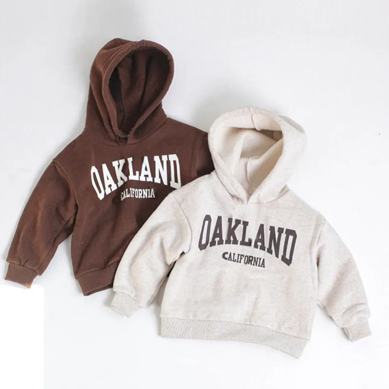 Winter New Children Fleece Hooded Sweatshirt Letter Print Girls Casual Pullover Plus Velvet Thick Kids Boys Cotton Hoodie