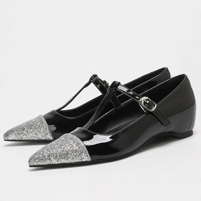 

Patent Leathe Splicing Mary Jane Shoe Women T-strap Buckle Design Height Increasing Pointed Toe Shoe Comfortable Designer Flats