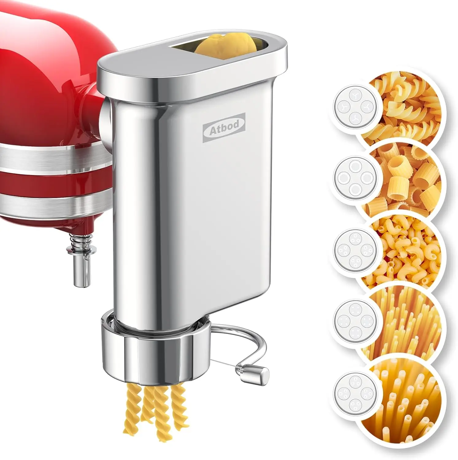 

Metal Pasta Press Attachment for Stand Mixers with 5 Interchangeable Plates, Makes Spaghetti Bucatini Fusilli Macaroni