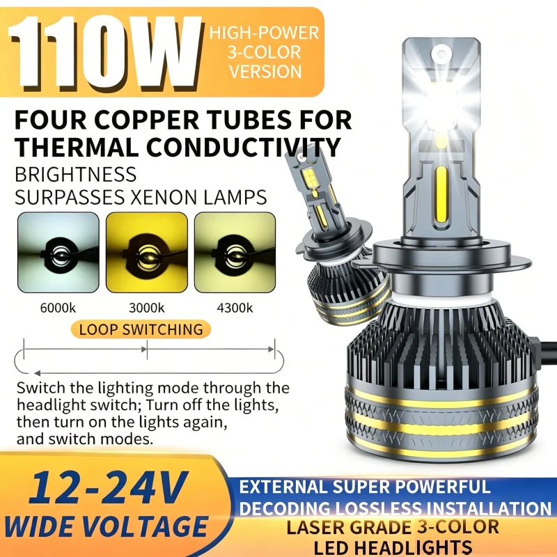 

H7 Tricolor LED Headlights 4 Copper H7 H11 HB3 9005 HB4 9006 6000K 4300K 3000K External Drive Car Head LED lights Lights 12V 24V