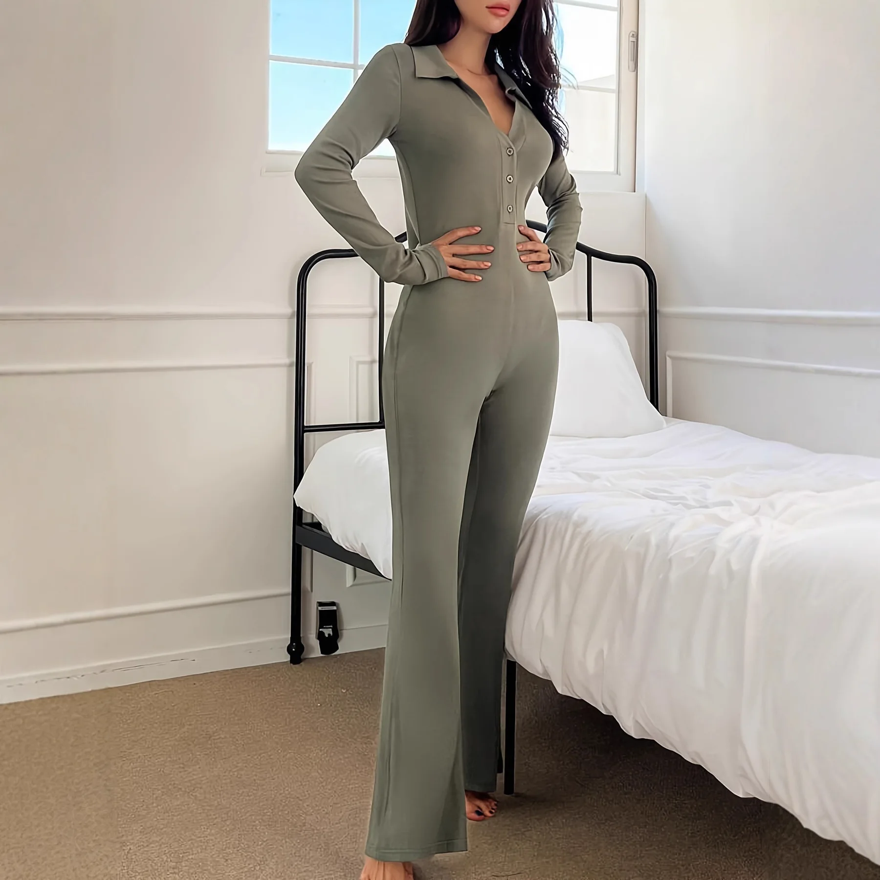 

Slim Fit Long Sve Button up Spor Jumpsuit Women's Tummy Control Leggings Pants Suits High Waist Wide Leggings