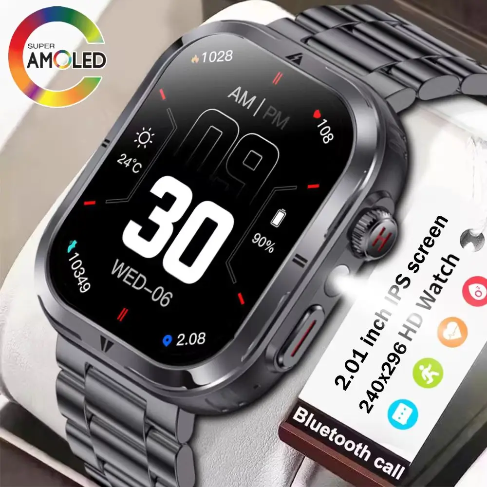 Fashion Smartwatch 2.01 Inch AMOLED Display Bluetooth Talk IP68 Waterproof Flashlight 2.01 Inch Answer Phone Sports Smartwatch