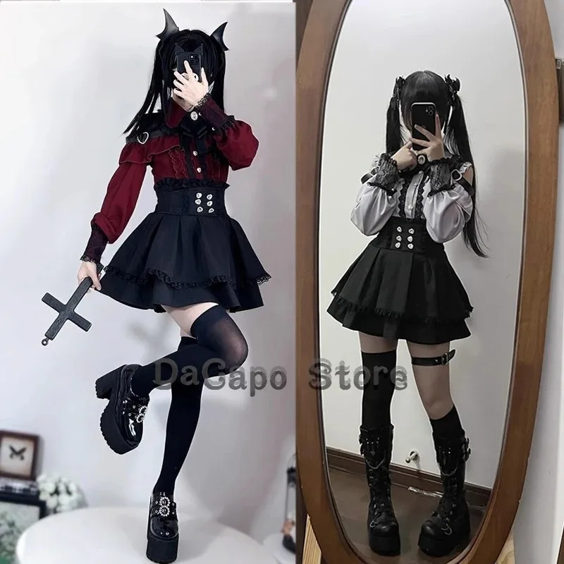 Jirai kei Outfit Lolita Girls Blouse Top Women Kawii Bow Black Skirts Shirts Long Sleeve Shirt Y2K Sweet Japanese Lady Style Set