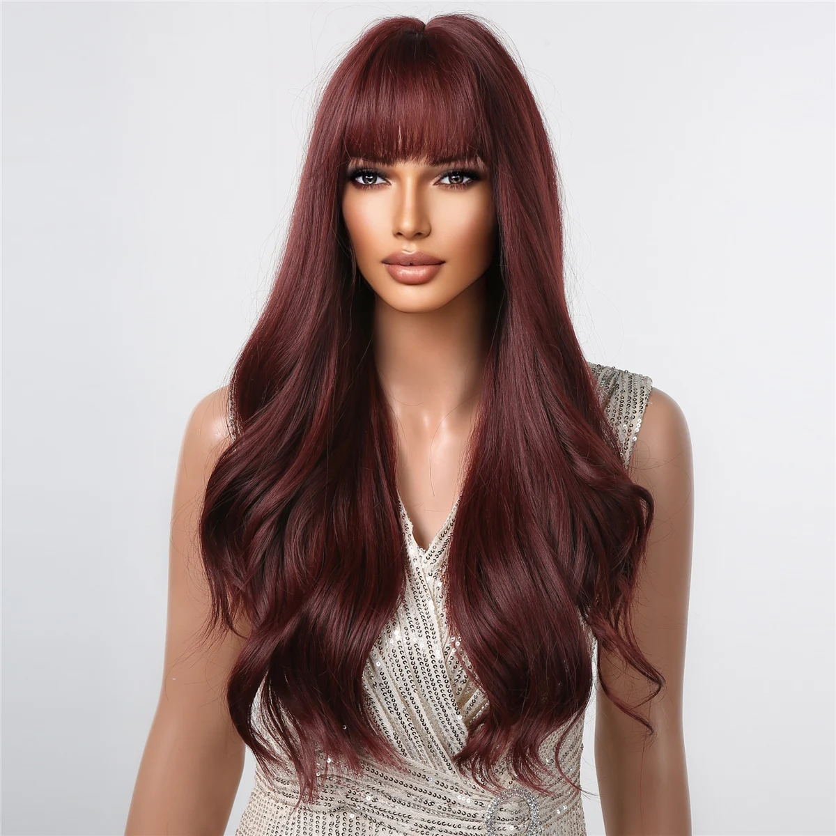 Wine Red Burgundy Synthetic Wigs Long Natural Wavy Reddish Brown Wigs with Bangs for Women Daily Cosplay Heat Resistant Fiber