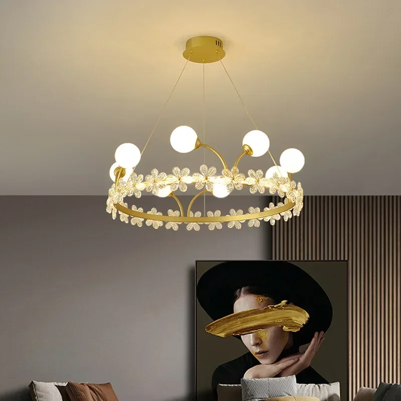 Bedroom And Children'S Room Lighting Fixtures, New Crown Crystal Chandelier, Nordic Minimalist Living Room Light Luxury LED Mesh