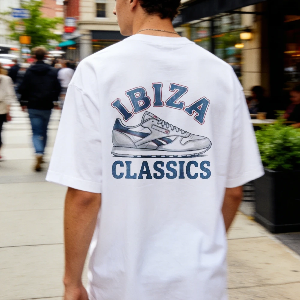 Vintage Sporty Ibiza Classics Sneaker Print Oversized White Crewneck T Shirt Men Retro Streetwear Casual Top Graphic T Shirts