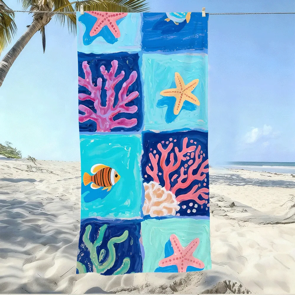 Colorful Undersea Blocks Dreamy Ocean Scene HD Digital Print Beach Towel, Machine Washable, Suitable for Beach, Pool
