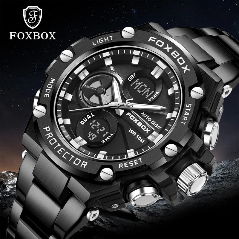 

FOXBOX модные брендовые мужские часы из черного золота, модные роскошные кварцевые наручные часы, спортивный водонепроницаемый ремешок из нержавеющей стали