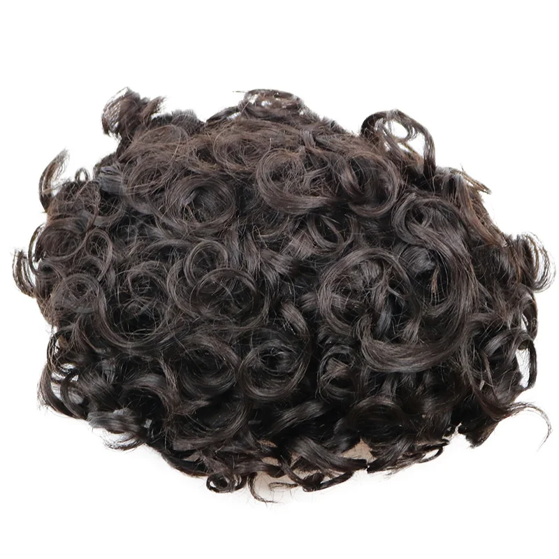 Full Skin 26mm Natural Curly Hair Toupee for Men Machine Injected Cheap Curly Hair Capillary Prosthesis Hair Replacement Wig