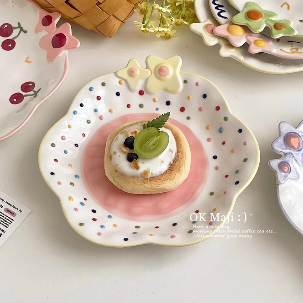 Cute Ceramic Plates for Home Use Dish Tableware Floral Rainbow Polka Dots Under Glazed Plate Kitchen Dining Dinnerware