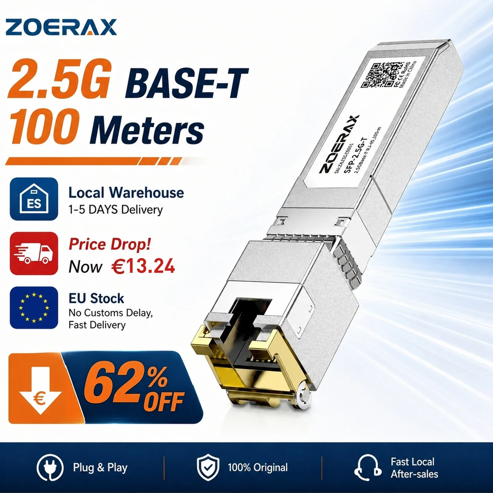 Modulo ricetrasmettitore Ethernet ZoeRax 1.25G/2.5G/10G RJ45 SFP con velocità adattiva, compatibile con Cisco, MikroTik e altri switch
