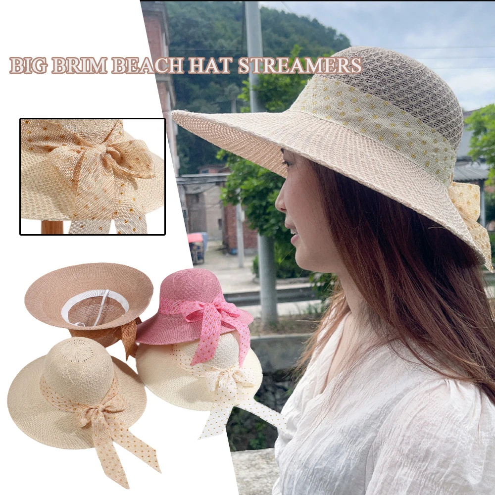 Fashion Foldable Wide Brim Sun Hat Girls Braided Straw Caps Ribbon Bowknot Beach Hat Sun Protection Ladies Travel Summer Caps