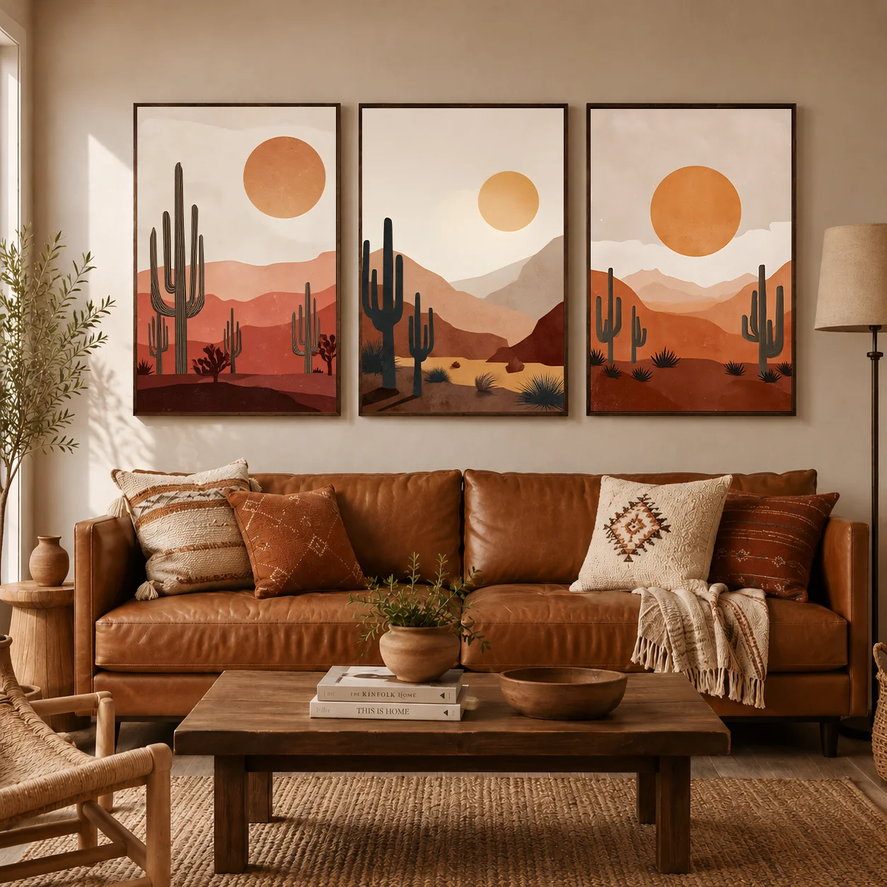 Boho Landscape Wall Art, Desert Plant Sunset Canvas Painting, Cactus Botanical Poster Print for Bedroom Living Room Decor