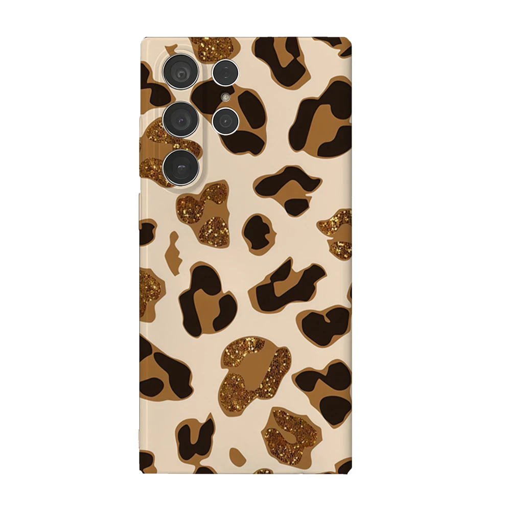 Brown Gold Leopard Print Phone Case for Samsung Galaxy S25 S24 S23 Ultra Plus A35 A55 Glossy HD Hard Cover Film Shell