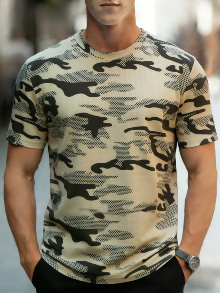 Camouflage Sport T-Shirt Herren Kurzarm Herrenbekleidung für den Sommer Eisseide T-Shirts Bequeme Oberteile Outdoor Sportbekleidung Tees