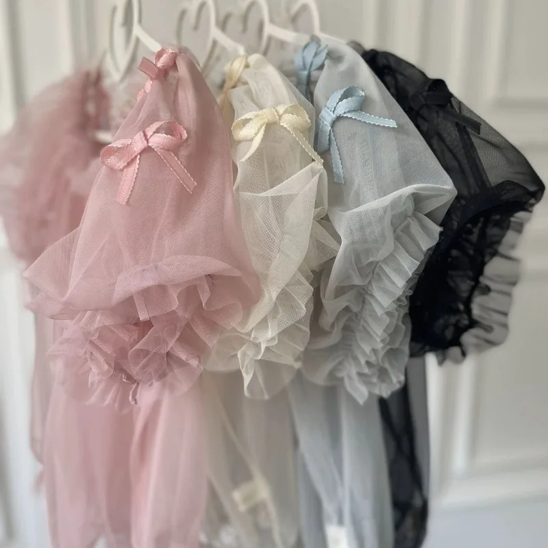 

Summer See Through Mesh Black Blouses 2025 New All-match Bottoming Shirt Women Sweet Fashion Puff Sleeve Blusas De Mujer