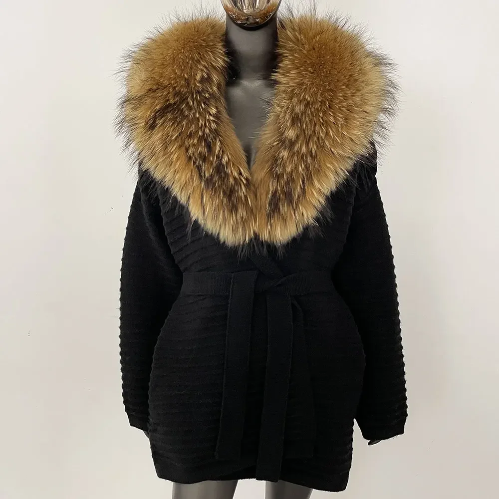 2025 Real Fur Knit Coat Women Natural Raccoon Fur Coat Winter Real Fox Fur Knitted Oversize Cardigan Decoration Lady Sweater