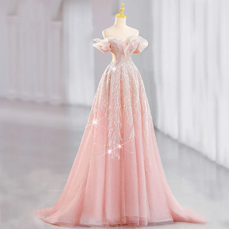 DongCMY Dreamy Pink Princess Evening Dress Female High-end Elegant Wedding Robe Soiree Party Dress For Women Customized