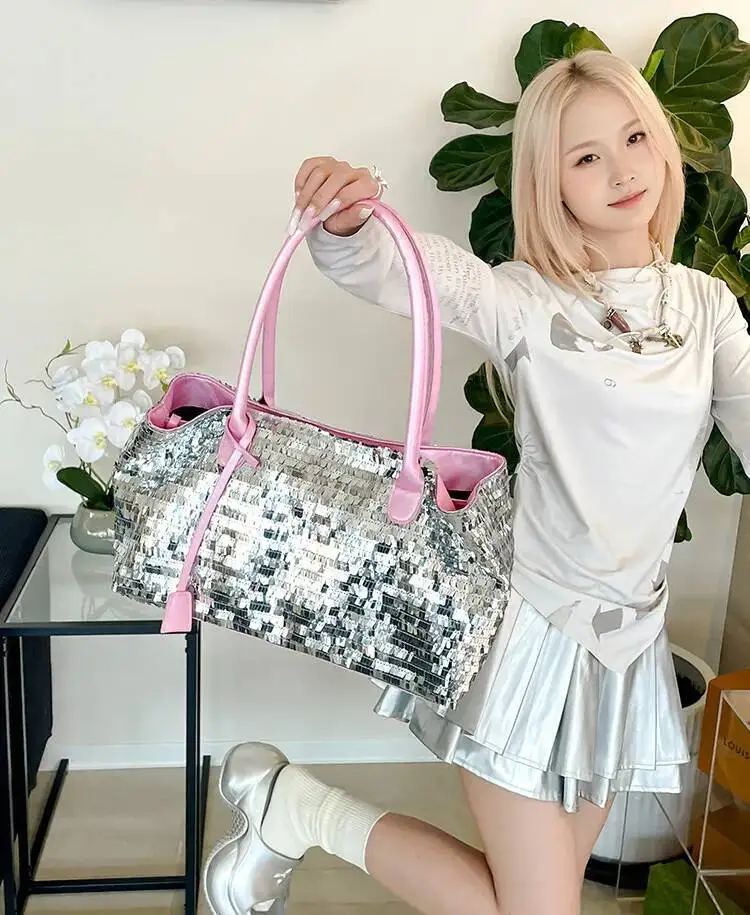Bloom Shine Beading Sier Shoulder Bags Purse Women 2025 New Large Capacity Casual Handbag Ladies Vintage Tote Bag Aesthetic