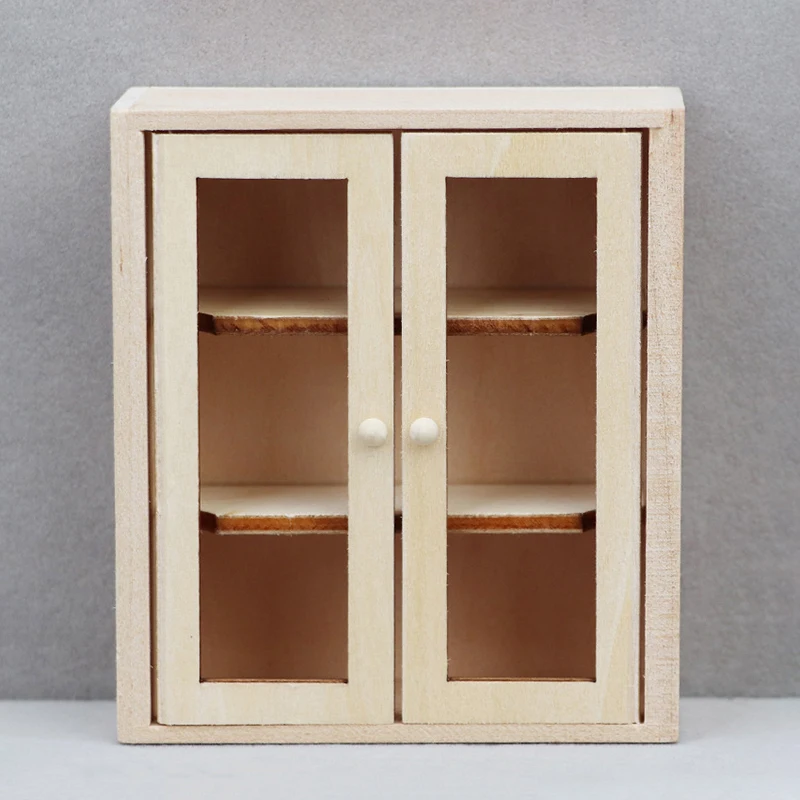 Estantería de almacenamiento para casa de muñecas, Mini estante de exhibición de madera montado en la pared, gabinete de doble puerta en miniatura, modelo de muebles, juguetes, 1:12