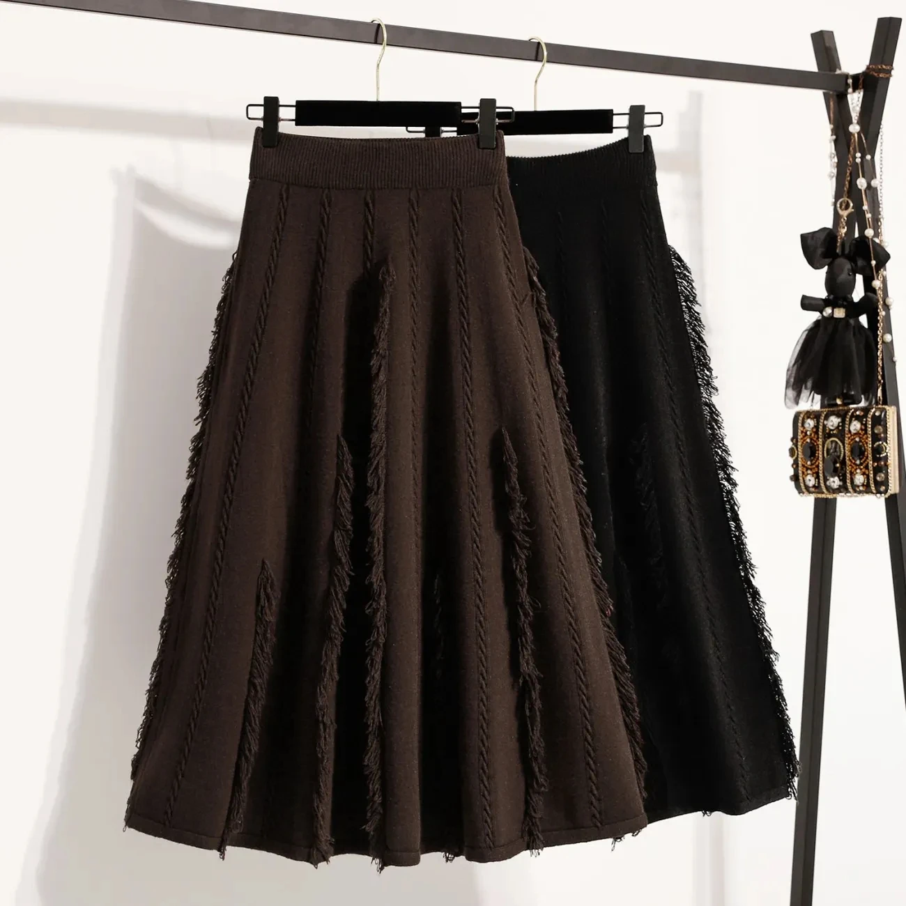 

Large Size Women's Knitted Skirt Autumn And Winter Fried Dough Twists Tassel Skirt Elegant OL Officewear w1478