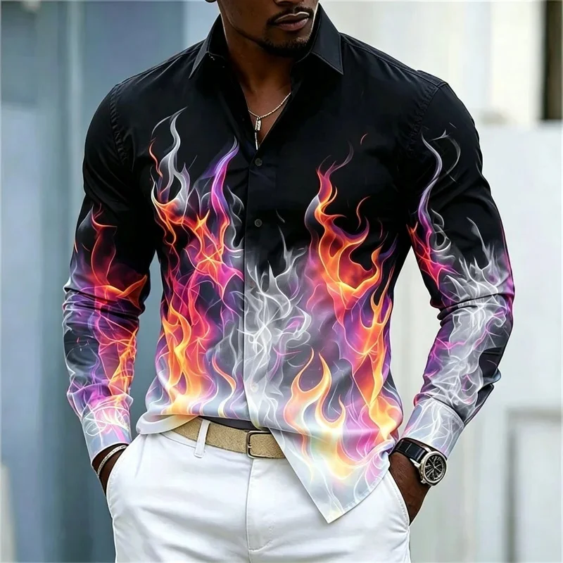 Men's Shirt Street Style Colorful Flame Printed Long Sleeved Shirt With Black Background Gradient Color Flame Slimming Shirt