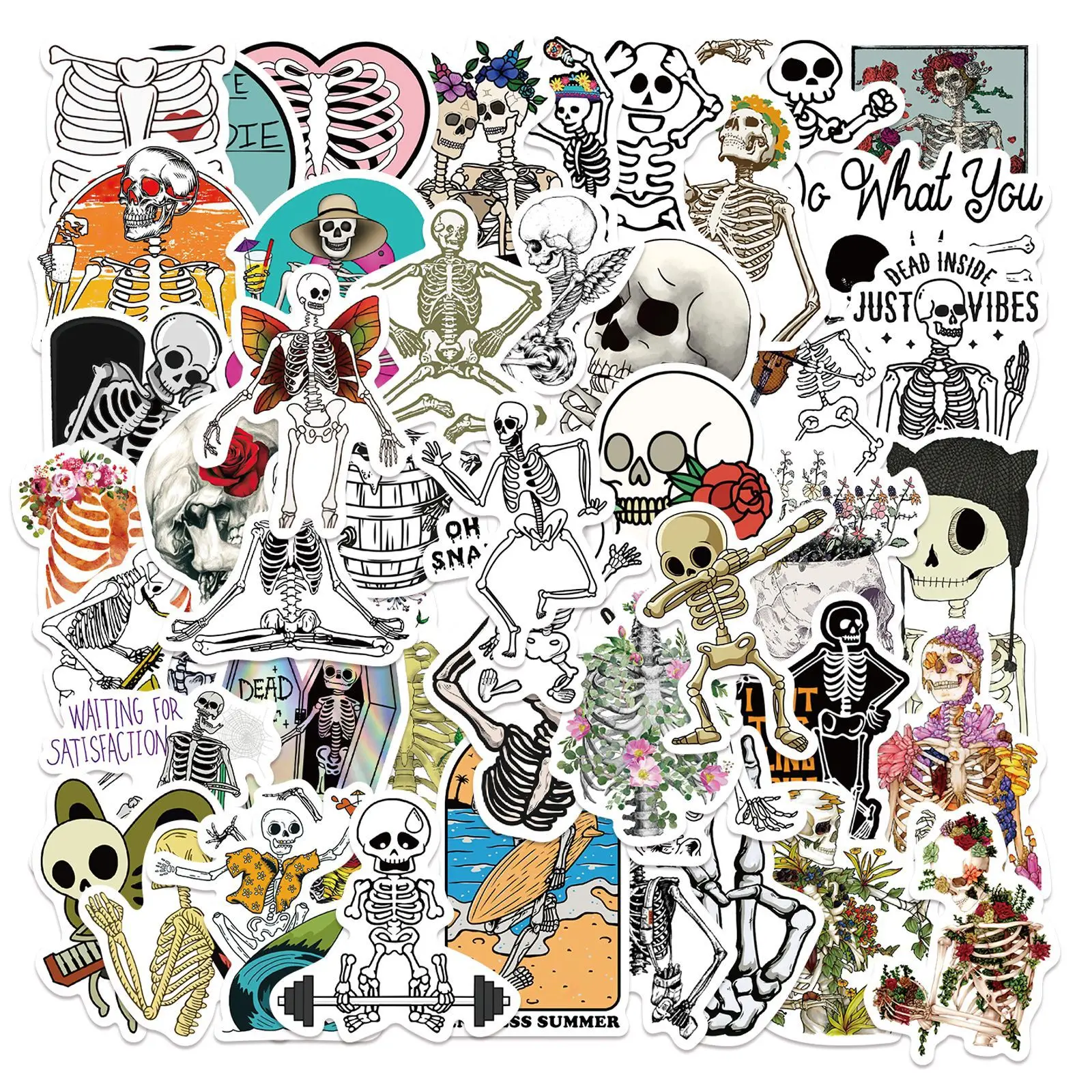 

10/30/50pcs Cartoon Art Style Skull Stickers Creative Scrapbook Funny Kids Toys Guitar Diy Phone Waterproof Decal Decor Sticker