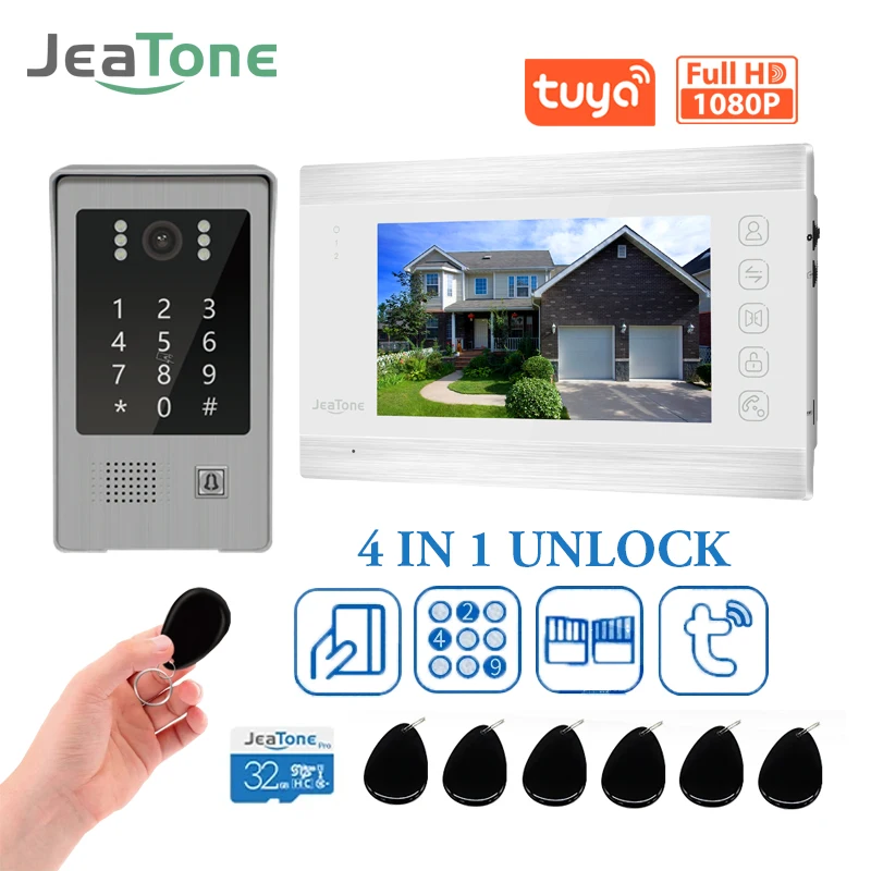 

Jeatone Tuya 4-в-1 разблокированный 7-дюймовый WIFI видеодомофон для квартиры проводной Видеозвонок камера 1080P с паролем и RFID разблокировкой