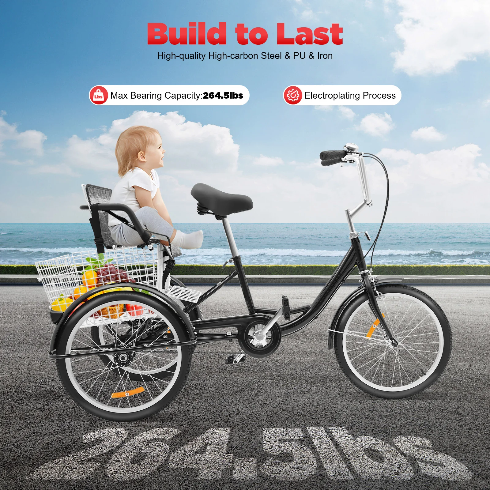 20 Inch Adult Tricycle with Kid's Seat Storage Basket High-carbon Steel Frame 3 Wheels Bike Adjustable Handlebar Saddle