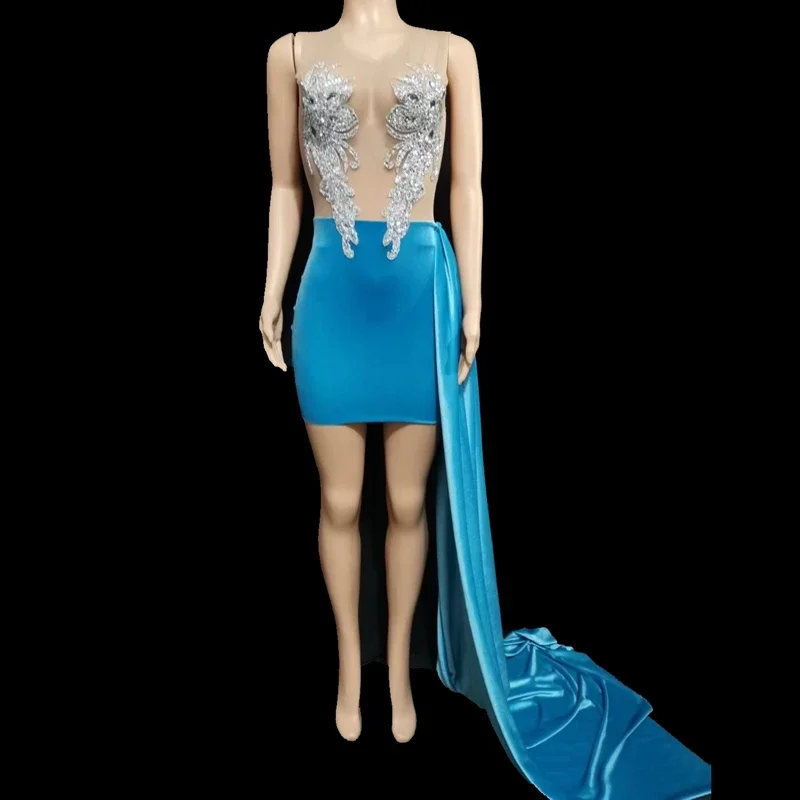 

Sparkly Rhinestones Mesh Transparent Velvet Short Dress Women Birthday Party Sexy Evening Long Train DRESS Photo Shoot Wear