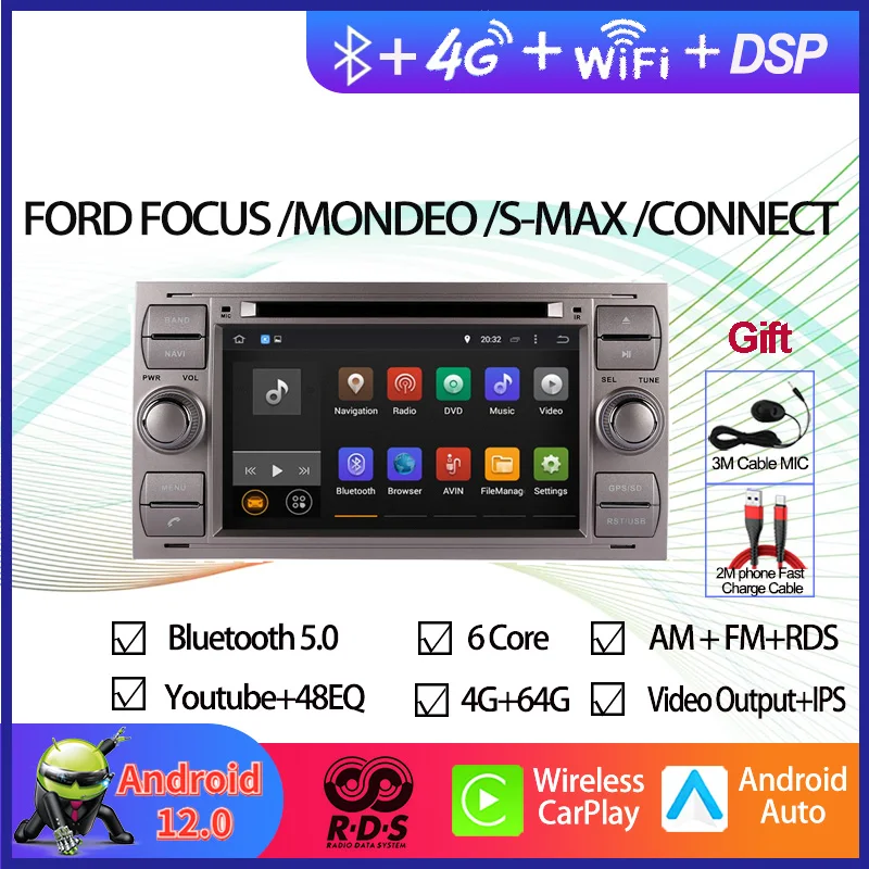 Android 12 Car GPS Navigation For Ford Focus/Mondeo/S-max/Connect 2005-2007 Auto Radio Stereo Multimedia DVD Player Black