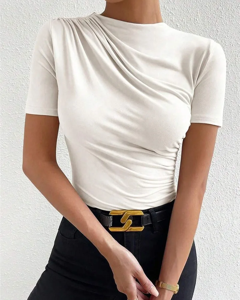 Women luxury solid color spring and summer new slim-fit draw pleated short sleeve onesie T-shirt for women