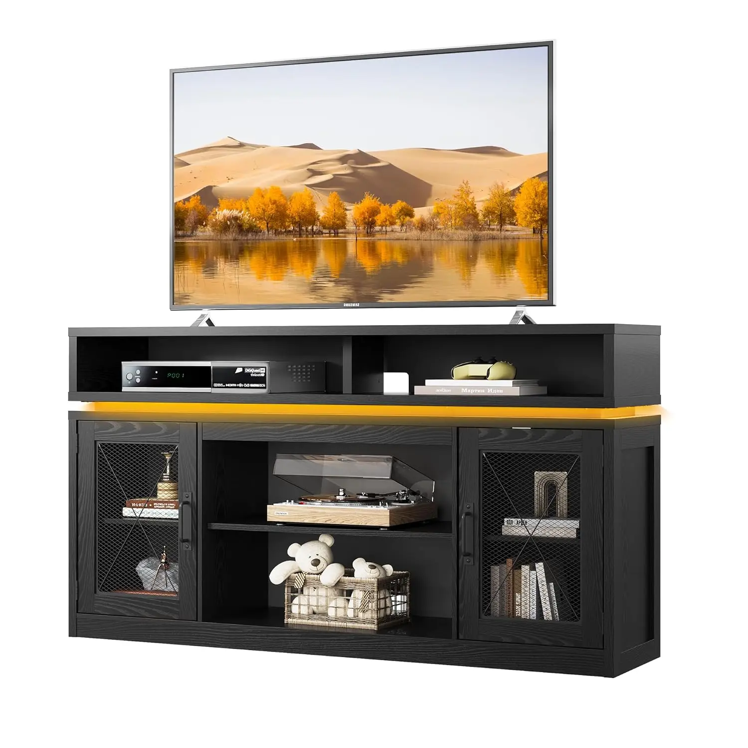 

Farmhouse TV Stand for TVs Up to 65 Inches, Tall Entertainment Center with Storage Cabinets & LED Lights, Media, Customized