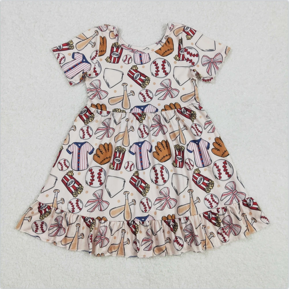 

Wholesale Baby Girls Dress Kids Clothes Girls Baseballs Bows Corn Ruffle Knee Length Dresses Summer Toddler Girls Dress Fashion